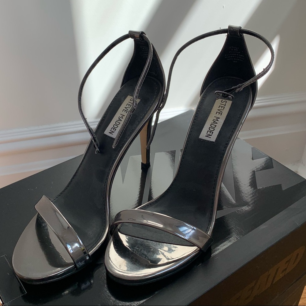 Gunmetal Silver Strappy Nudist Heels